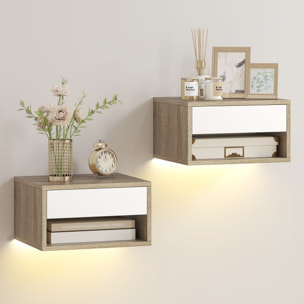 Juego de 2 Mesitas de Noche Flotantes con Luces LED RGB Control de APP, Mesillas de Noche Dormitorio con Cajón, Estante Abierto, para Sala de Estar, 37x32x21 cm, Natural y Blanco
