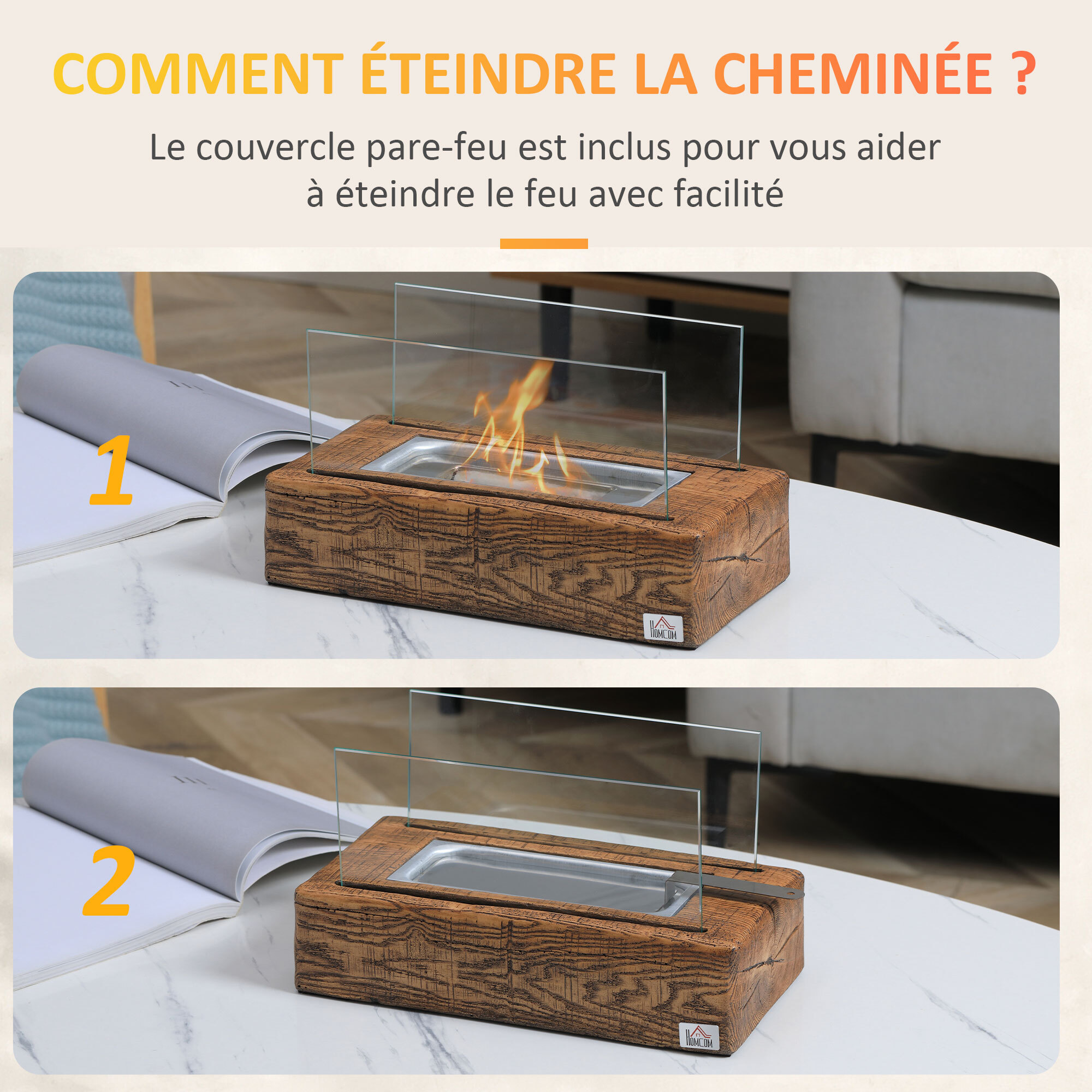 Cheminée portable à poser bioéthanol avec réservoir 0,15 L couverture 18 m² - design bûche de bois - dim. 33L x 16l x 18H cm