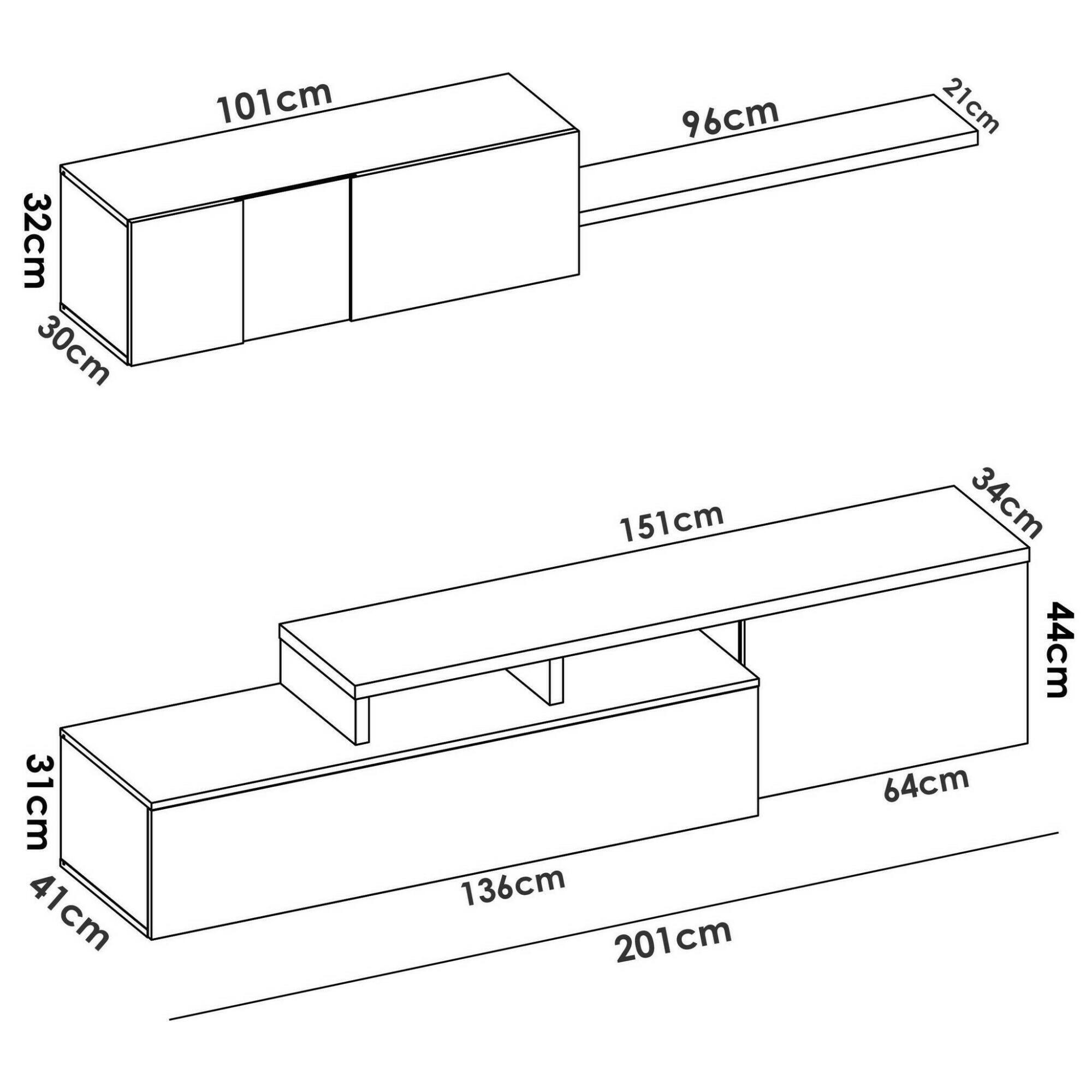 Parete attrezzata Baker, Set da soggiorno modulare ad angolo, Mobile salotto porta TV multiposizione, 201x41h180 cm, Bianco e Rovere