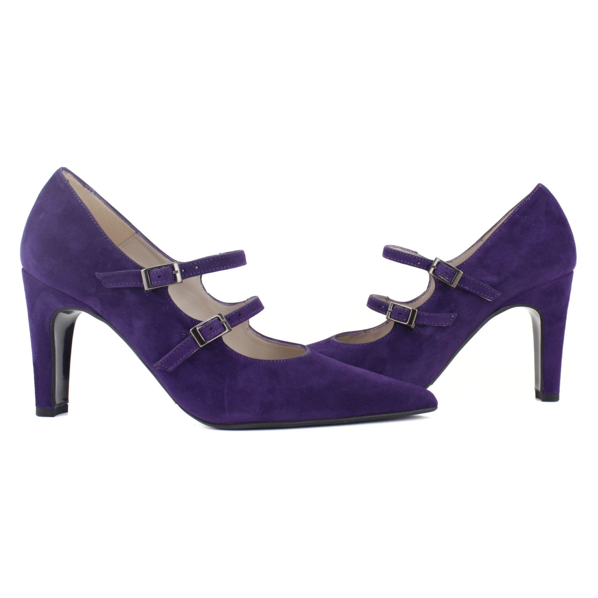 Salón de ante color violeta estilo Mary Jane. Tacón de 9 cm