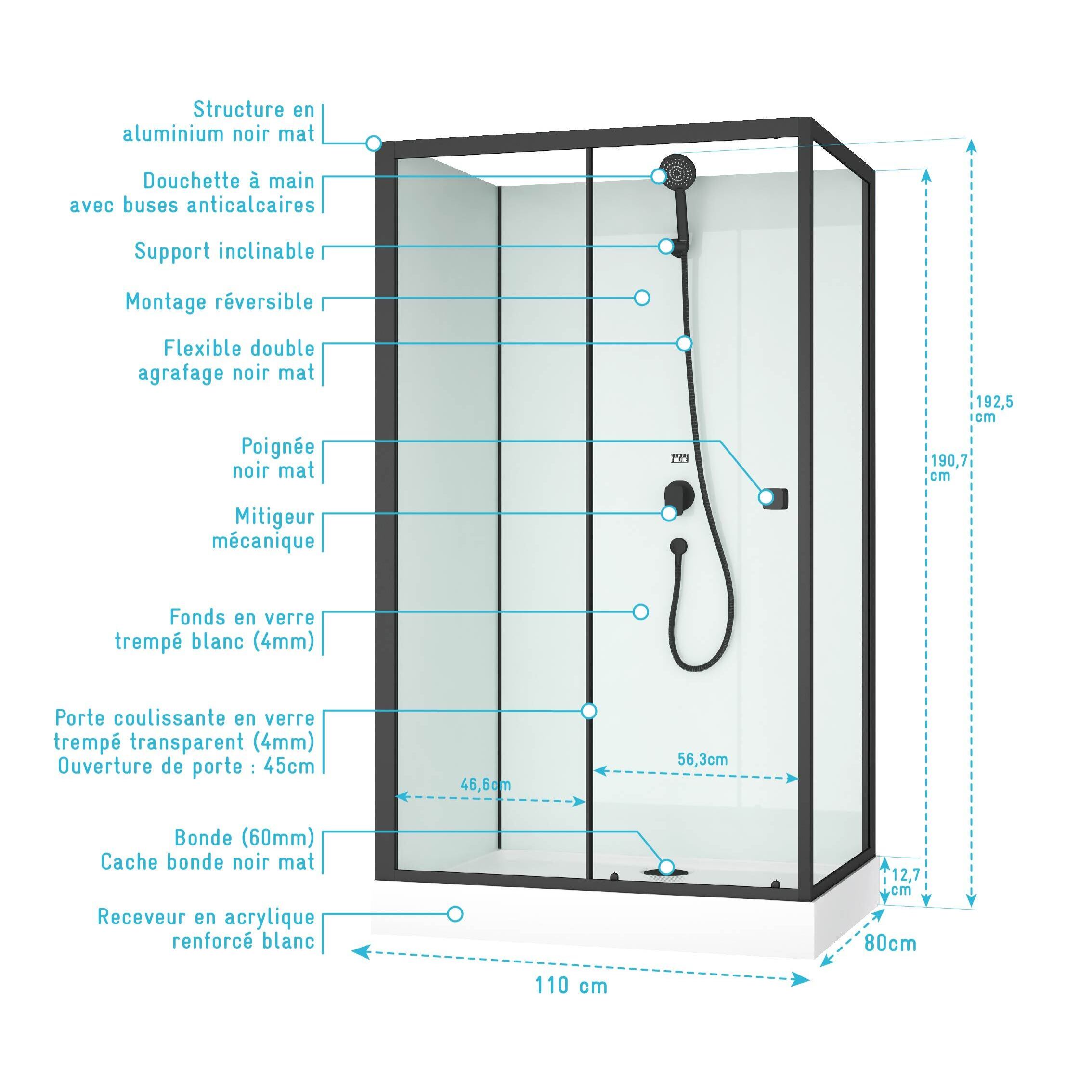 Cabine de douche rectangulaire 110x80x197 cm - Porte coulissante - Fonds Blancs & Profilés Noir Mat