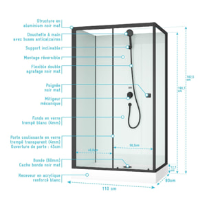 Cabine de douche rectangulaire 110x80x197 cm - Porte coulissante - Fonds Blancs & Profilés Noir Mat