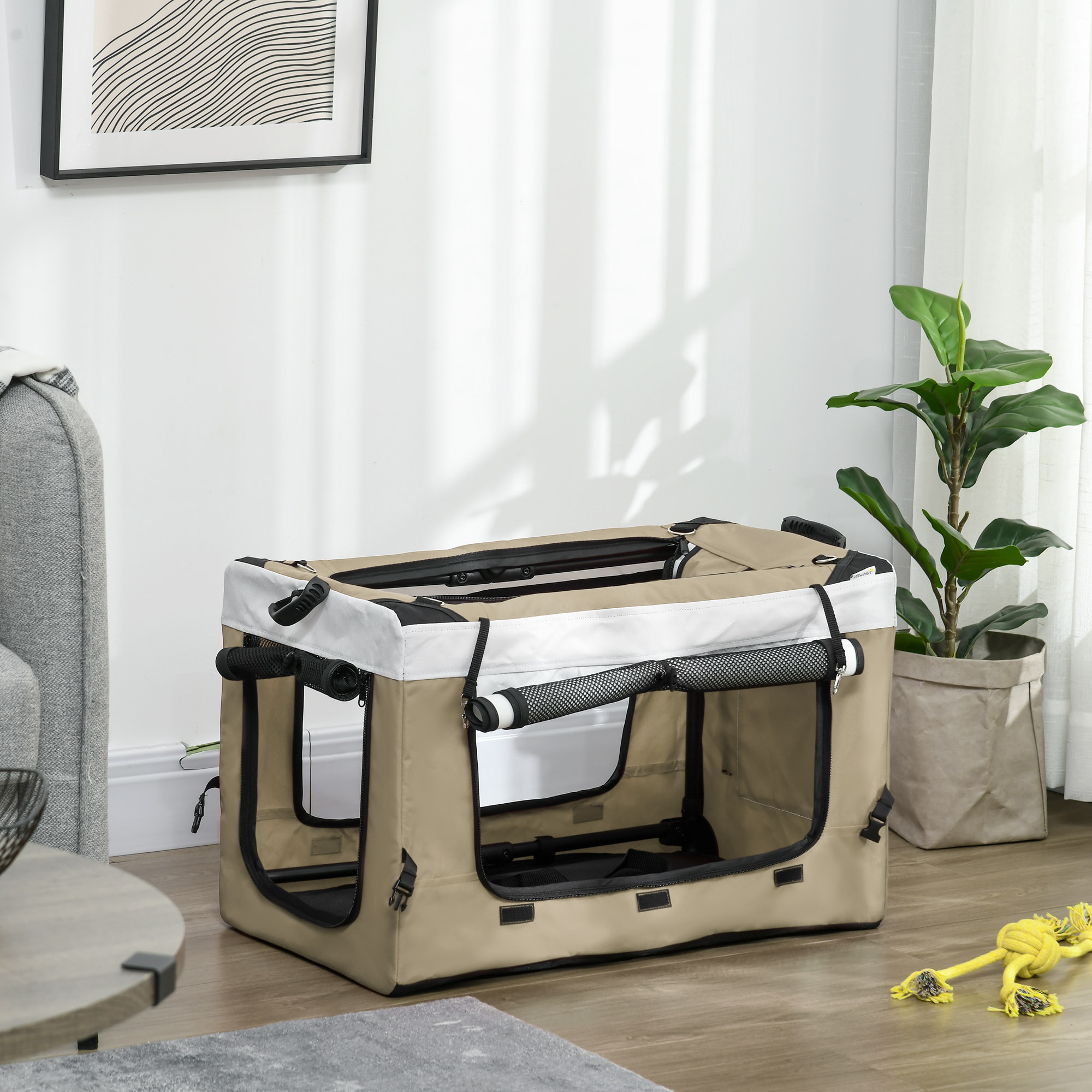 PawHut Carrito para Perros Cochecito para Perros Plegable con Vagón Desmontable 4 Puertas con Cremallera 2 Correas de Seguridad 2 Correa de Transporte y Cojín Caqui