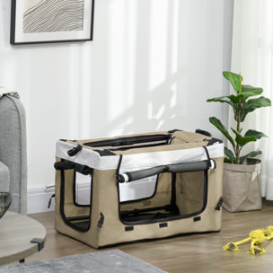 PawHut Carrito para Perros Cochecito para Perros Plegable con Vagón Desmontable 4 Puertas con Cremallera 2 Correas de Seguridad 2 Correa de Transporte y Cojín Caqui