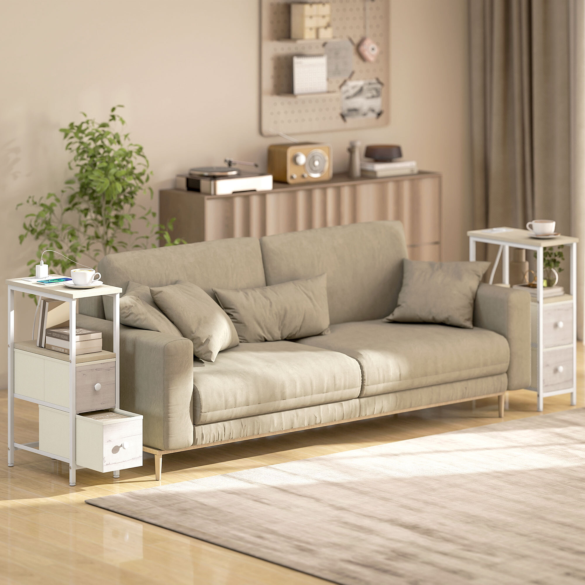 Juego de 2 Mesas Auxiliares con Enchufe, Mesitas Auxiliares Estrechas con Toma AC, Puerto USB, Puerto USB-C, 2 Cajones de Tela, Estante Abierto, para Salón, Dormitorio, Natural