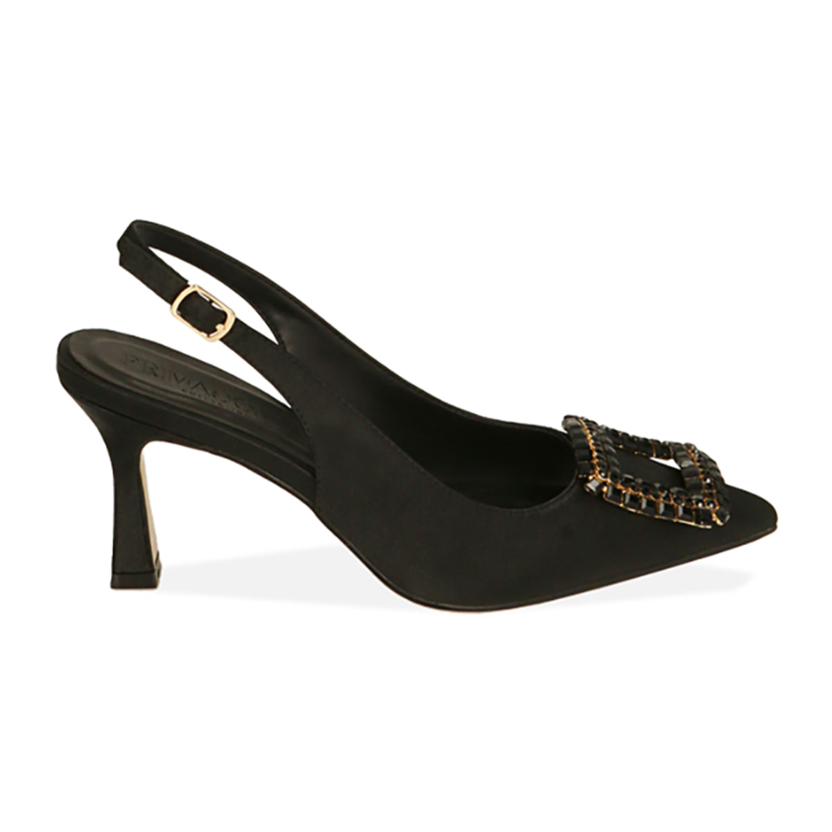 Décolleté slingback nere in raso, tacco 7,5 cm