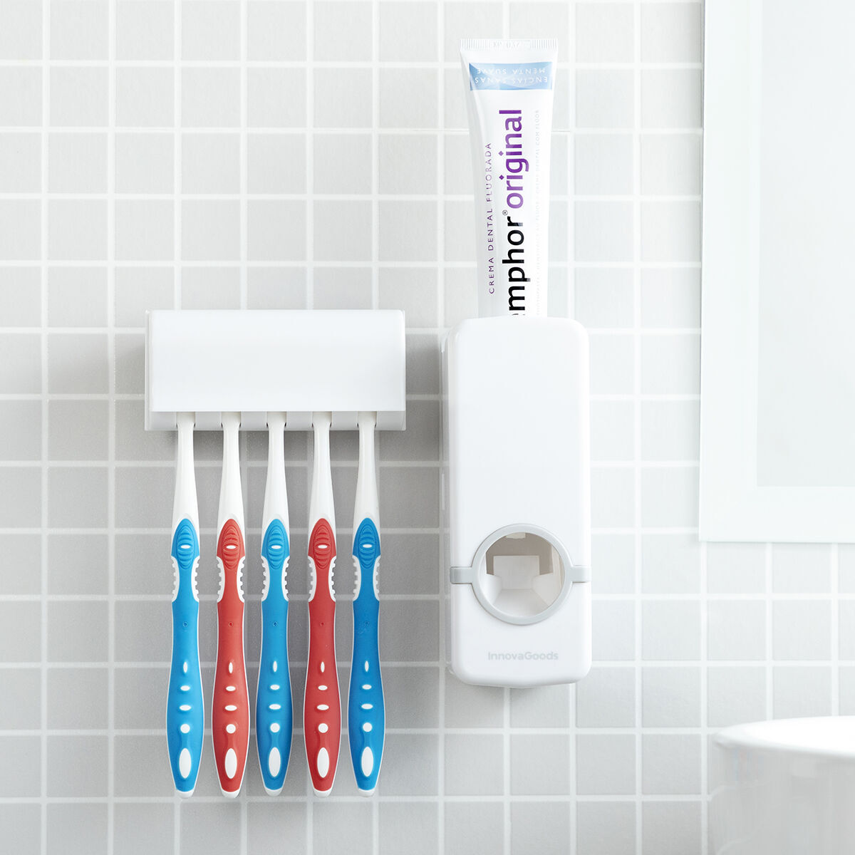 Pack Distributeur de Dentifrice avec Porte Brosse à Dents et Distributeur Automatique Rechargeable de Savon Liquide InnovaGoods