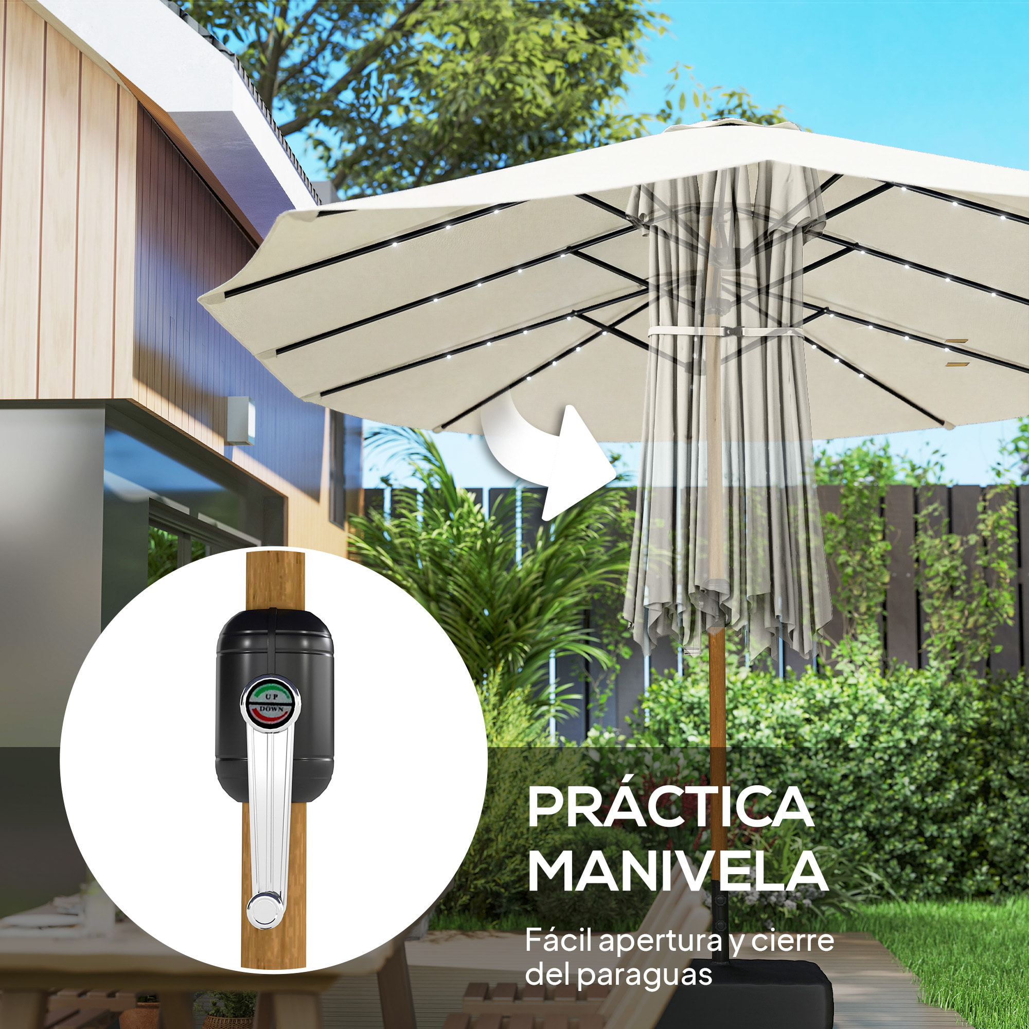 Sombrilla Doble con 48 Luces LED, 4,6x2,6 m, Sombrilla Terraza Exterior con Base Incluida, Manivela, Sacos Arena, Funda, Anti-UV, Resistente al Agua, Parasol para Jardín, Terraza, Crema