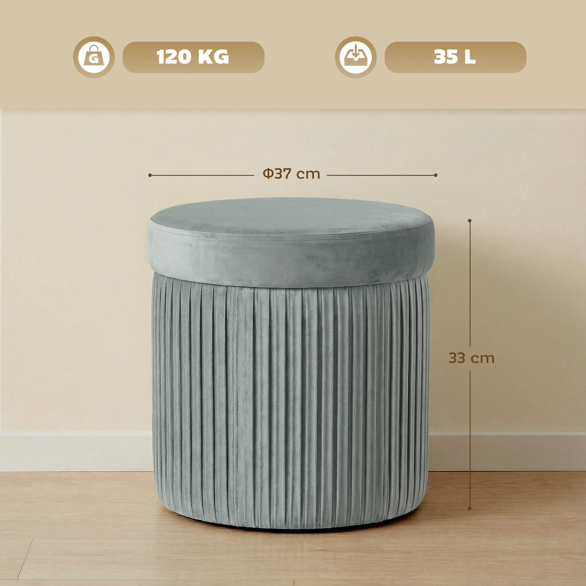 Puff Almacenaje, Banco Almacenaje Plegable, 35 L, 38x38x38 cm, Tapizado en Terciopelo, Baúl de Almacenamiento Redondo, Carga 120 kg, Taburete para Sala de Estar, Dormitorio, Entrada Gris Oscuro