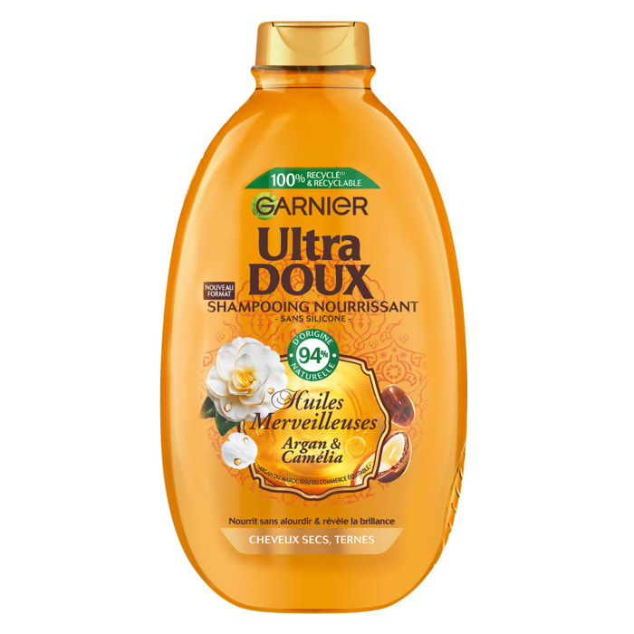 Lot de 6 - Garnier Ultra Doux Huiles Merveilleuses Shampooing Nourrissant à l'Huile d'Argan & de Camélia 600ml - Homme & Femme
