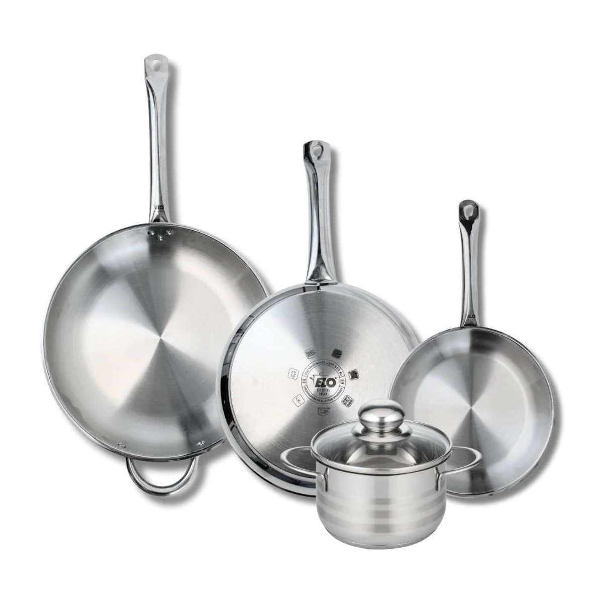 Ensemble de 3 Poêles de cuisson 24, 28 et 32 cm et 1 faitout 16 cm Elo Profi Brillant