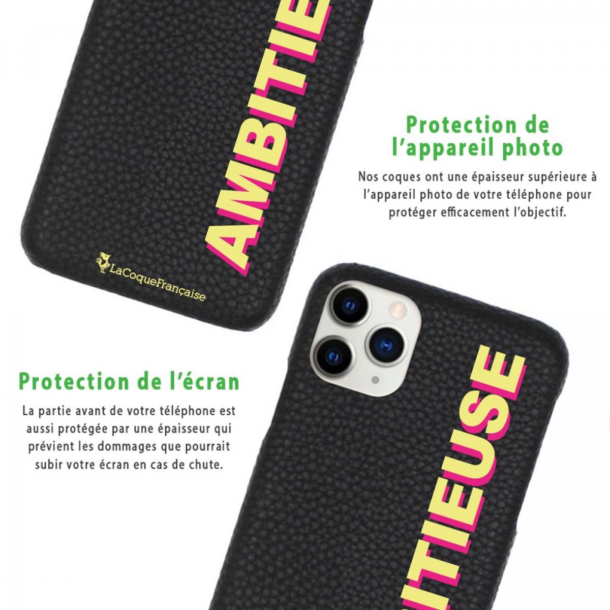 Coque iPhone 11 Pro effet cuir grainé noir Ambitieuse jaune et fushia Design La Coque Francaise