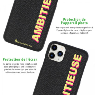 Coque iPhone 11 Pro effet cuir grainé noir Ambitieuse jaune et fushia Design La Coque Francaise