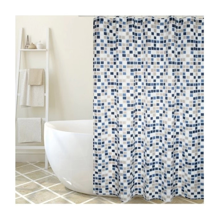 Rideau de douche Polyester MOSAIKO 180x200cm QUALITà PREMIUM Bleu & Beige - Anneaux inclus MSV