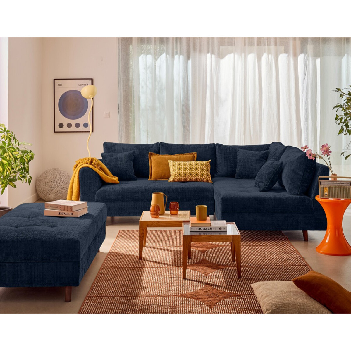 Rune - canapé d'angle droit 4 places en velours texturé - Bleu