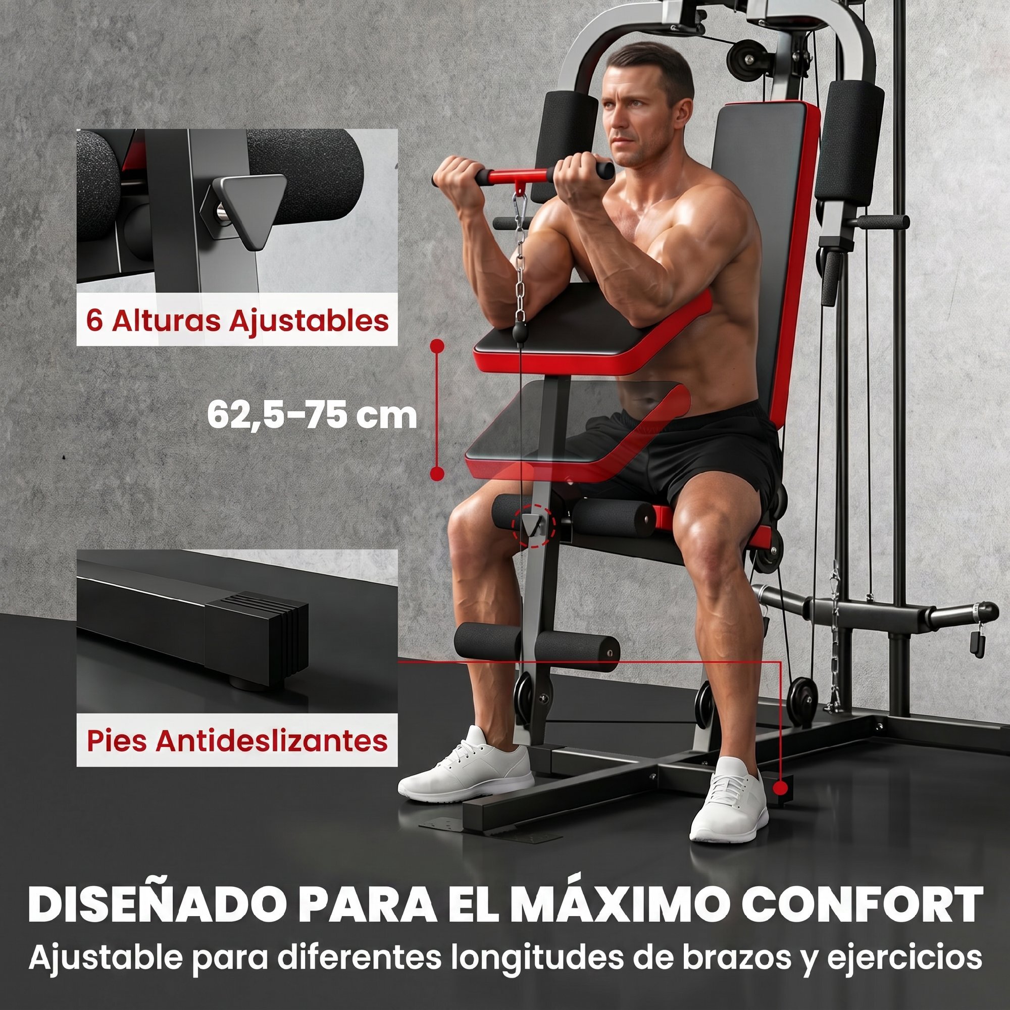 Multiestación Musculación, Máquina de Musculación con Polea Alta y Baja, Prensa de Pecho, Curl de Piernas y Bíceps, Mariposa, Compatible con Discos 25 y 50 mm Carga 120 kg para Gimnasio Casa