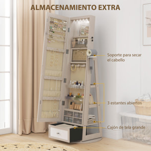 Espejo Joyero con Luces LED, Armario para Joyas, Armario Joyero con Espejo Entero, Giratorio de 360°, Cajón, Cerradura, Estantes Abiertos, Soporte para Secador, Natural