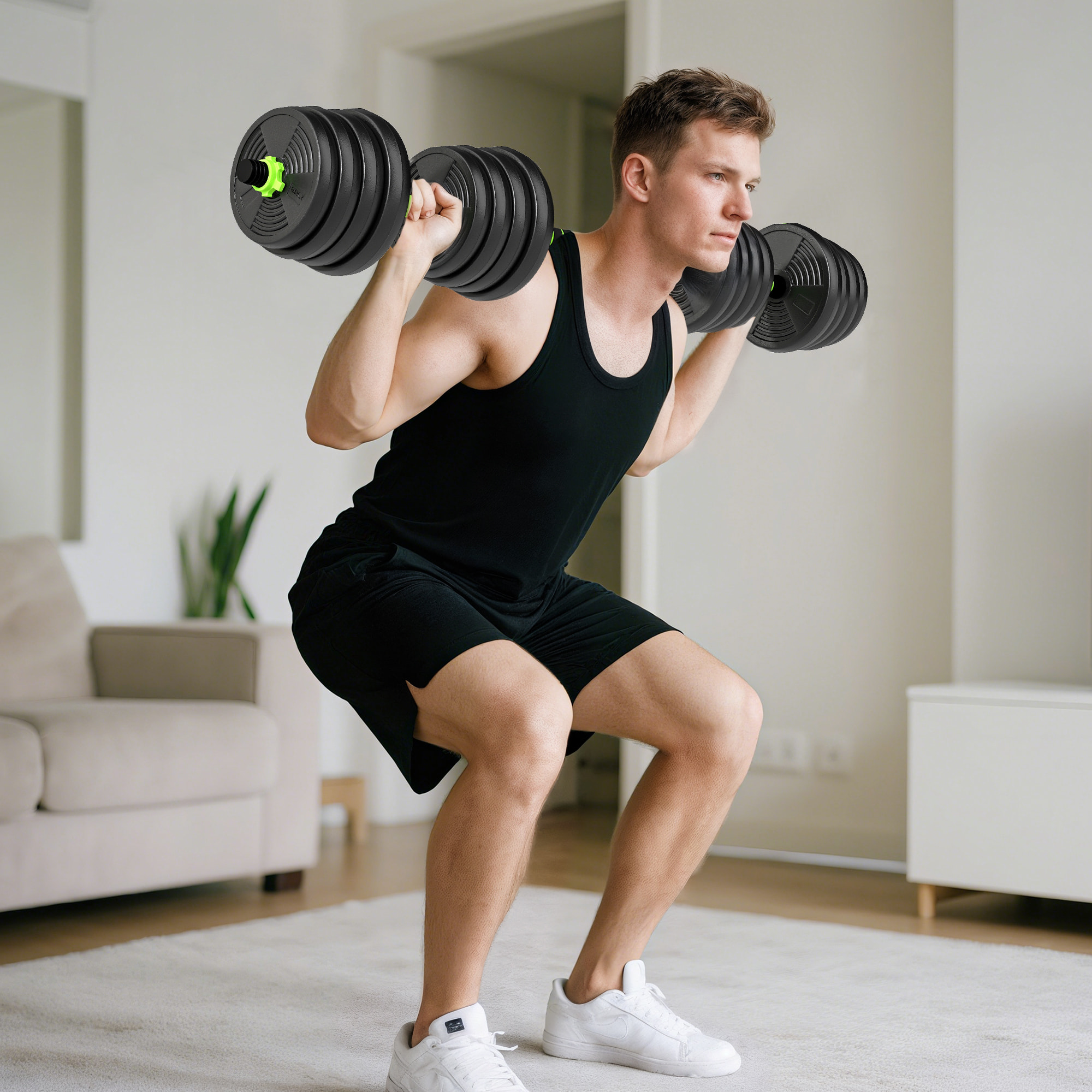 Ensemble d'haltères musculation multifonction 3 en 1 - haltères, Olympic barre, Curl EZ barre - total 30Kg - PVC vert noir