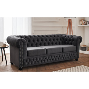 William - canapé Chesterfield - 3 places - en velours - Gris foncé