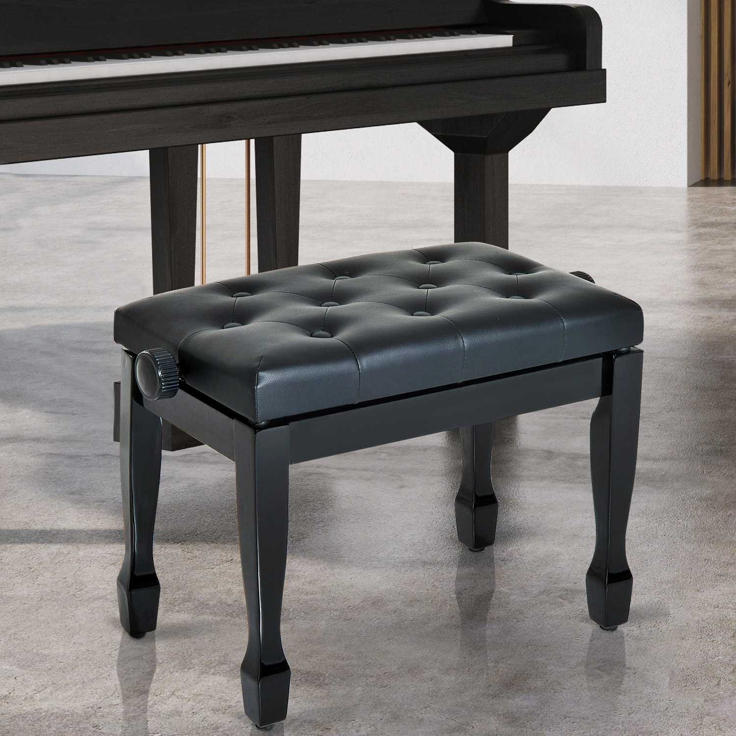 HOMCOM Banco de Piano, Altura Ajustable, Banqueta de Piano con Asiento de Cuero Sintético, Patas de Madera, Carga Máxima 200 kg, 64x35x55 cm, Negro