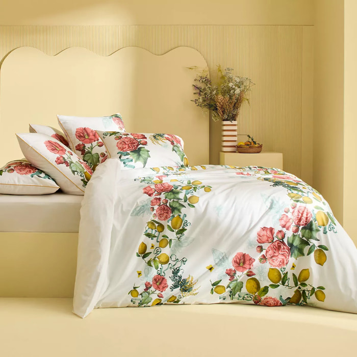 Housse de couette percale de coton lavé imprimé rose jaune Citrons de menton romance