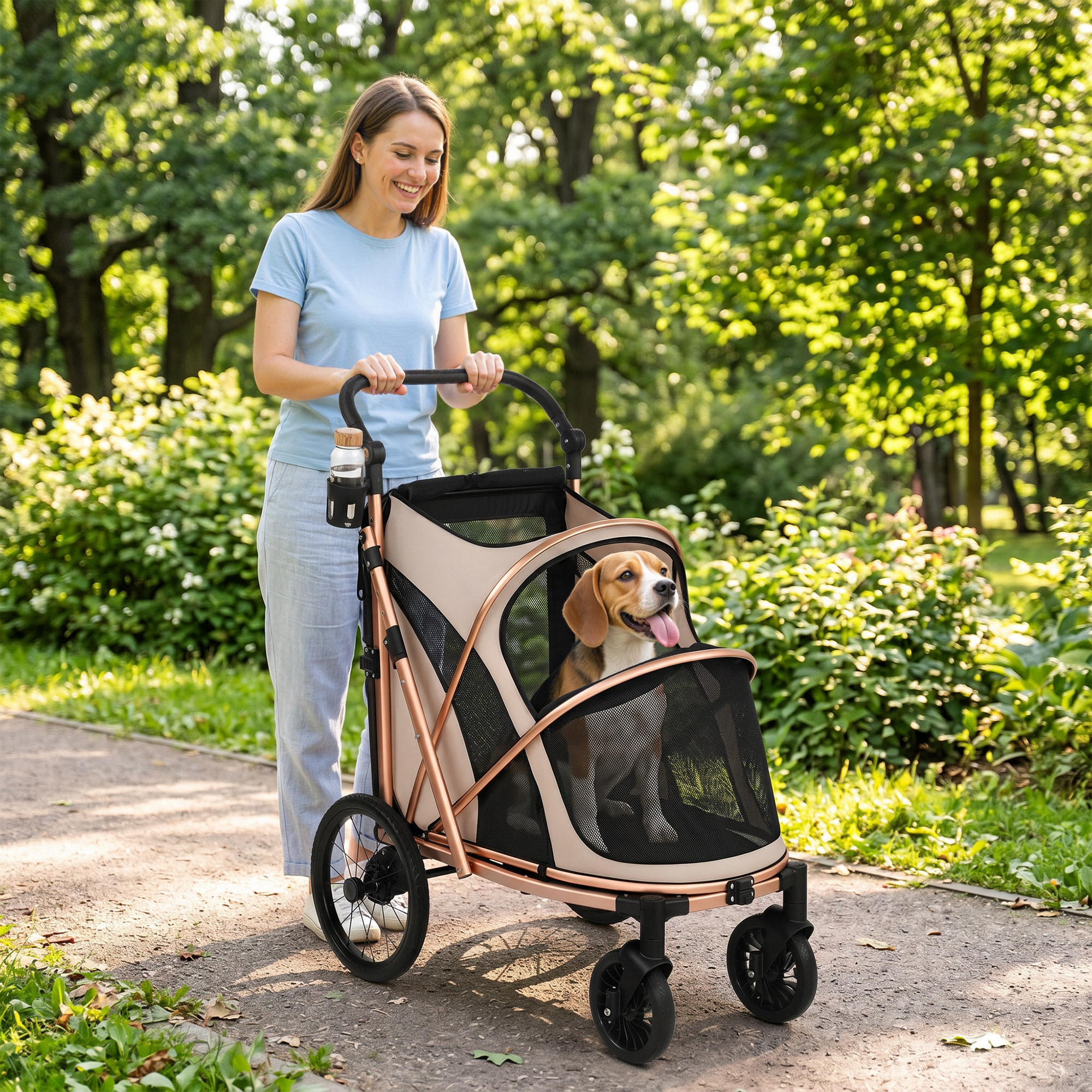 Carrito para Perros Plegable hasta 20 kg, Cochecito para Perros Medianos con Ruedas Grandes de Goma, Suspensión y Freno, Ventanas de Malla, Marco de Aluminio, Cojín, Correas, Marrón Claro