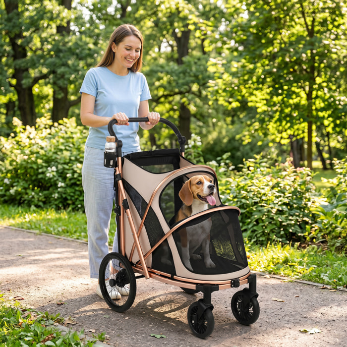 Carrito para Perros Plegable hasta 20 kg, Cochecito para Perros Medianos con Ruedas Grandes de Goma, Suspensión y Freno, Ventanas de Malla, Marco de Aluminio, Cojín, Correas, Marrón Claro
