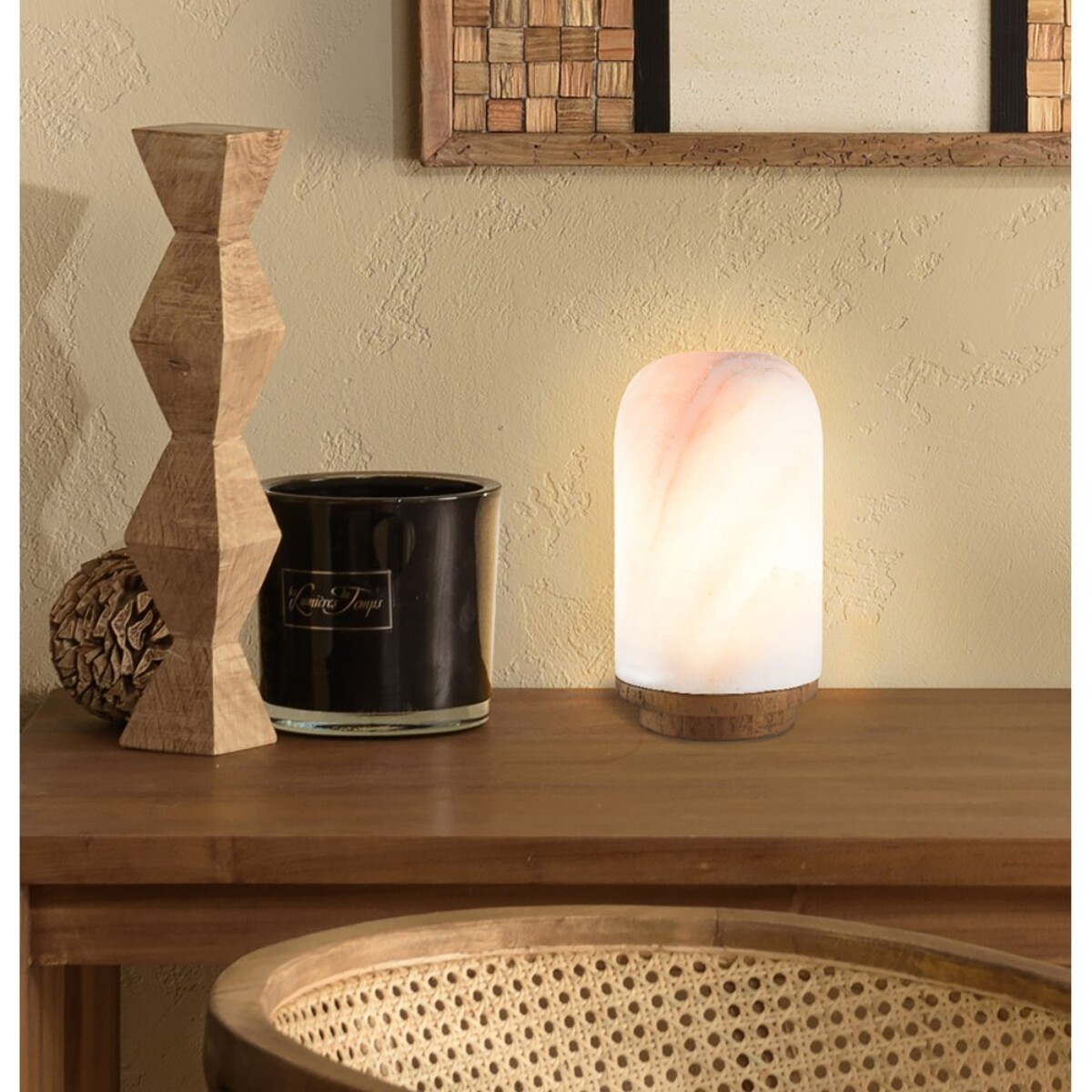 SIXTINE - Lampe de table 10x10cm en pierre naturelle d'onyx et teck