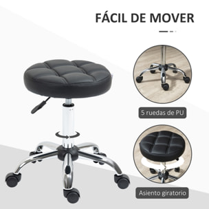 Taburete Giratorio con Ruedas Regulable en Altura de 48-63 cm Taburete de Trabajo Tapizado en Cuero PU para Peluquería Cosmética Dentista Diámetro Ø35,5 cm Negro