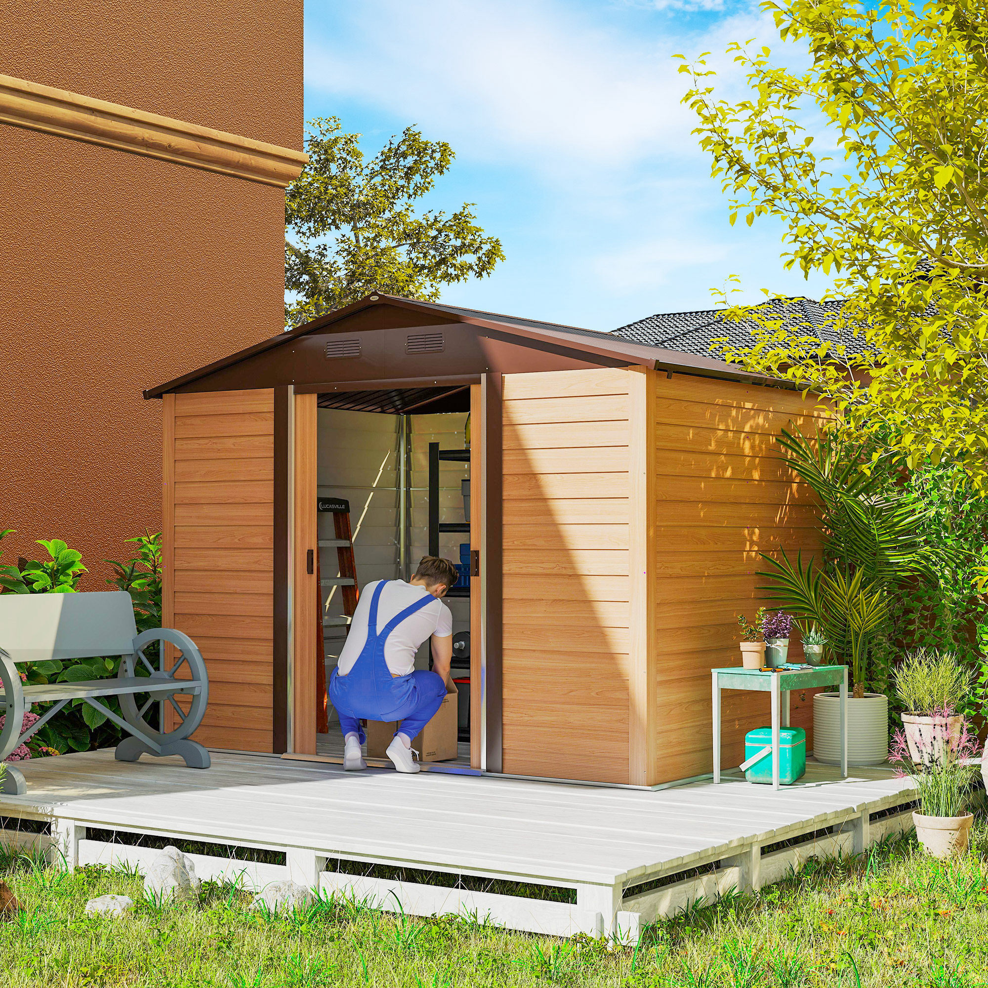 Caseta de Jardín Exterior 4,84 m² 278x195x215 cm Cobertizo de Jardín Exterior Metálica con 2 Puertas Corredizas y 4 Ventanas para Almacenamiento de Herramientas Efecto Madera Natural y Café