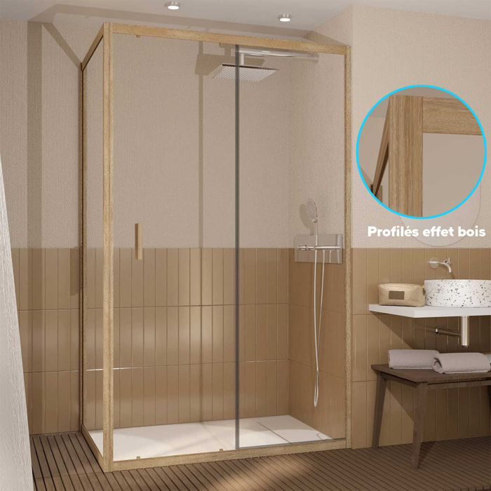 Porte de Douche Coulissante et Retour 120x80x200cm - Profilés Alu Effet Bois - Verre Trempé 6mm