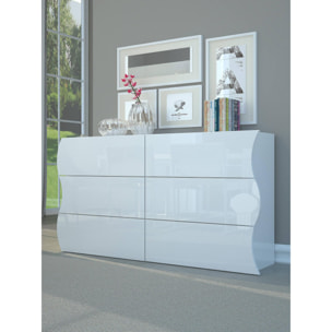 Comò ondulato, Made in Italy, Mobiletto per Soggiorno e Camera, Credenza 6 cassetti, colore Bianco lucido, cm 155x40h82