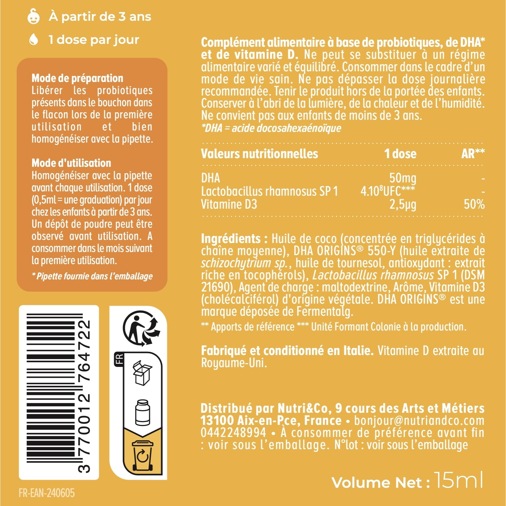 Probiotiques Enfant Vitamine D & Oméga 3 - Format Liquide 15ml