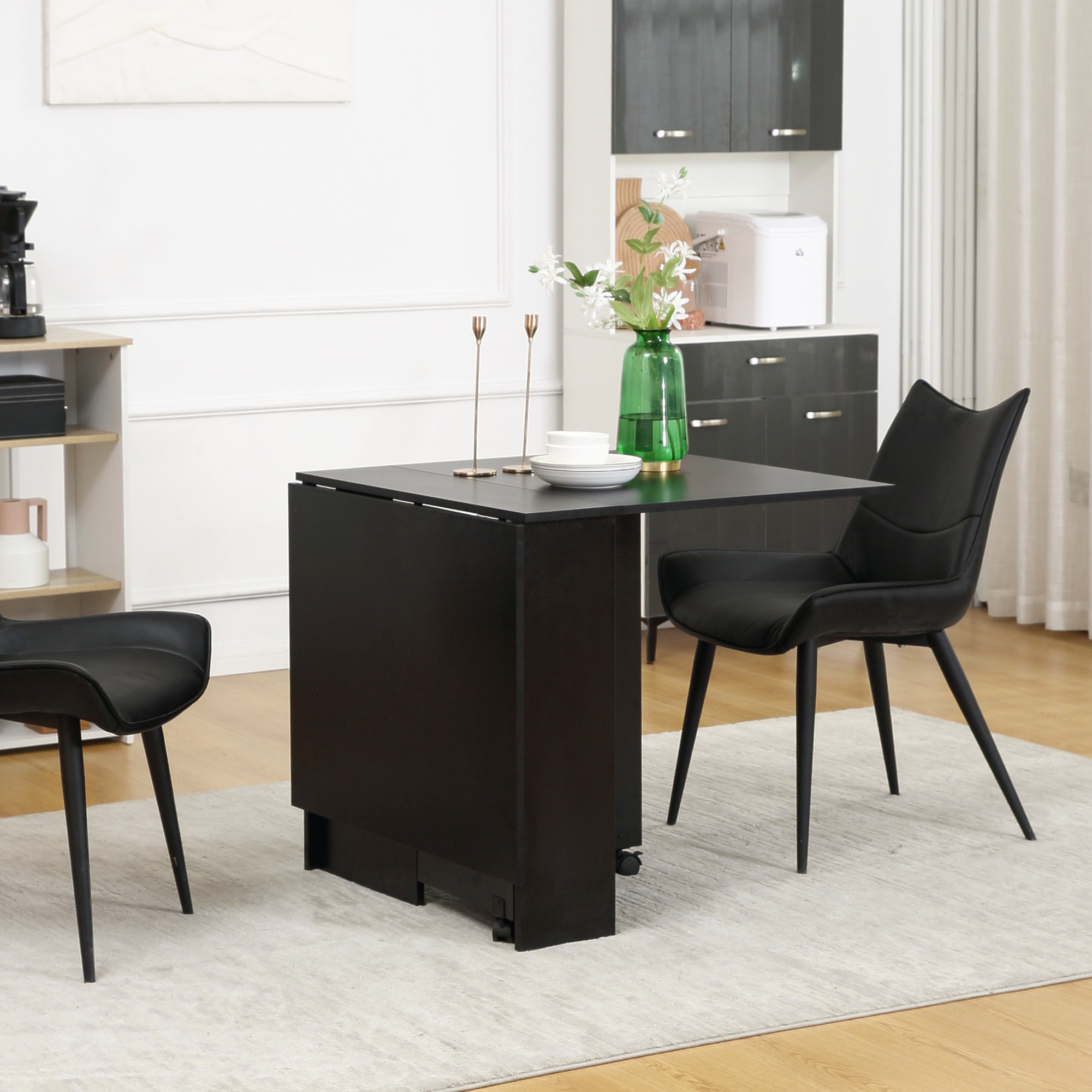 Mesa de Comedor Plegable Mesa Abatible de Cocina con 2 Ruedas 2 Estantes de Almacenaje y 2 Alas Abatibles Estilo Moderno para Restaurante Sala 75x140x74 cm Negro