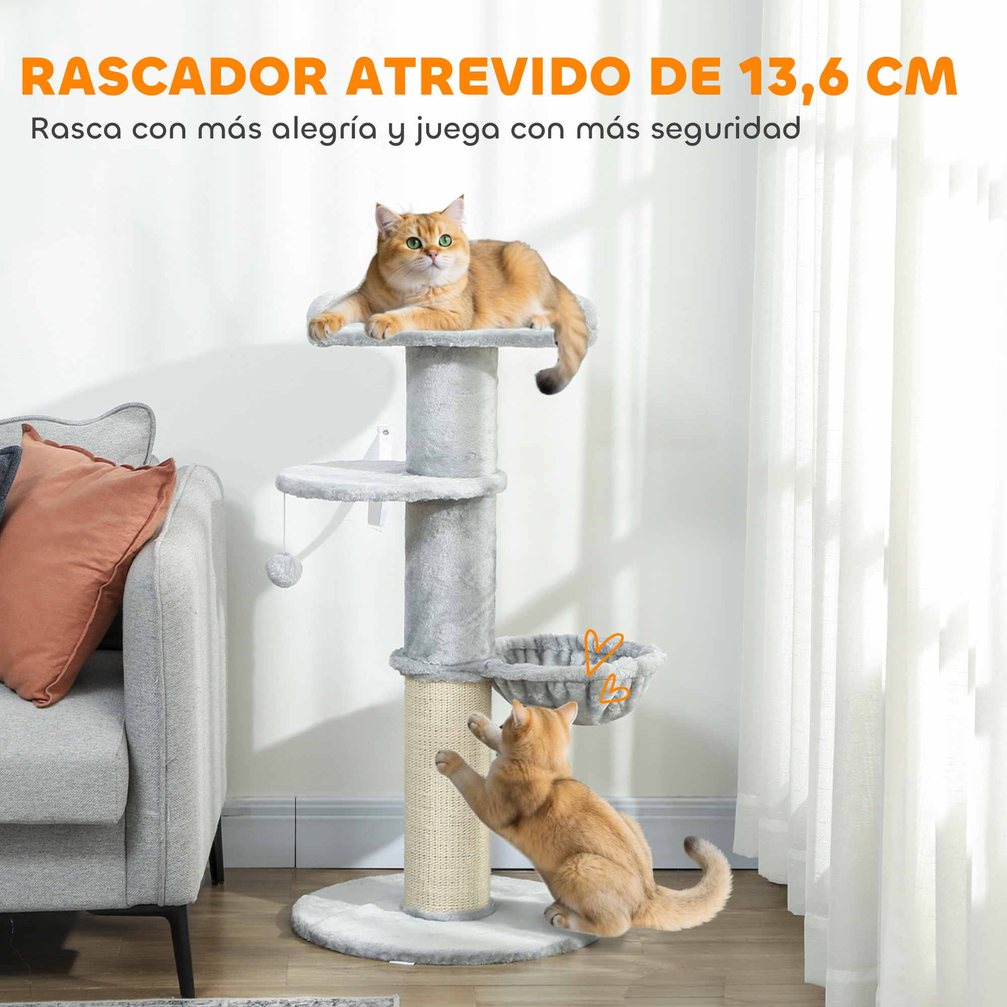 Árbol Rascador para Gatos, Árbol para Gatos 103,5 cm, Torre Escalador con Cama, Hamaca, Plataforma, Poste de Sisal Extra Grueso, Bola Colgante, Gris Claro