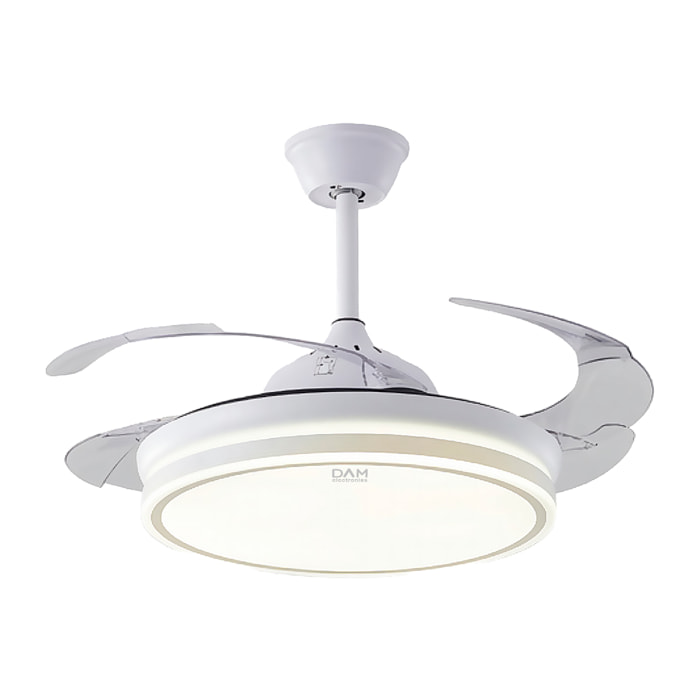 Ventilatore da soffitto L433 da 107 cm, pale retrattili, motore DC da 30 W, luce LED dimmerabile da 60 W, 6 velocità, modalità estate/inverno. Telecomando incluso.