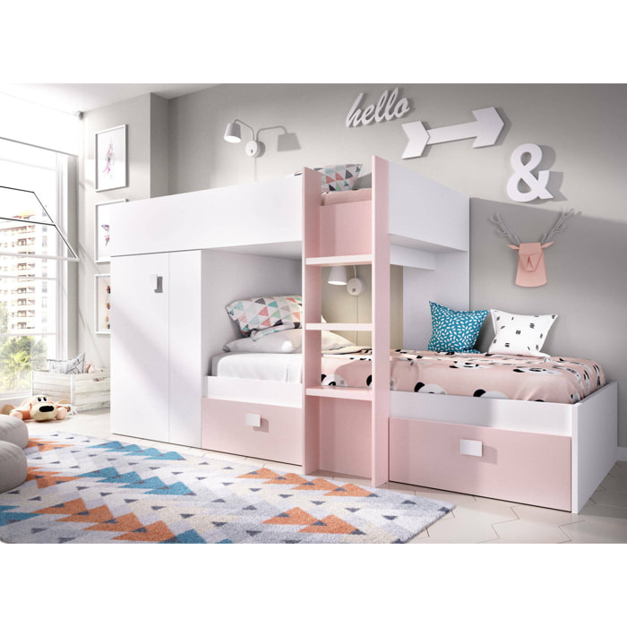 Letto per bambini Cevedale, Cameretta completa con armadio e cassetti, Composizione letto a castello con due lettini singoli, 271x111h150 cm, Bianco e Rosa