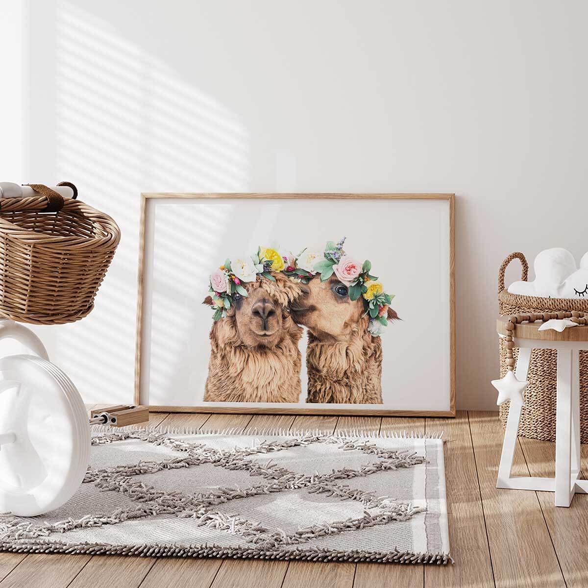 Affiche enfant alpagas bohèmes  Affiche + cadre en bois - Chêne