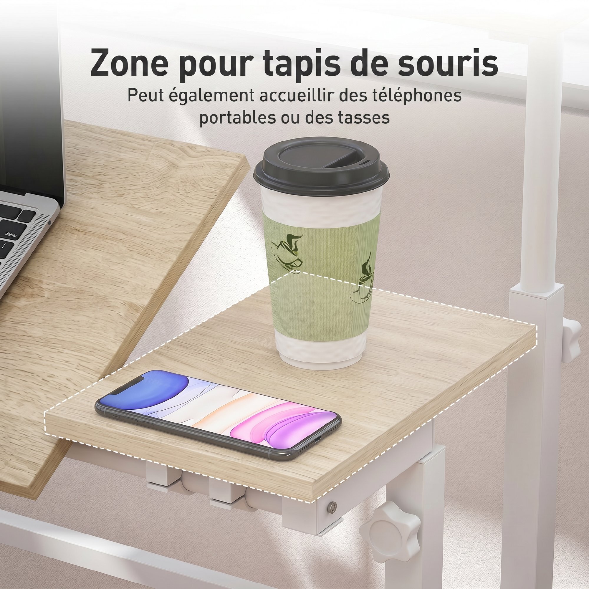 Bureau assis debout inclinable réglable H.70,5-120 cm mobile 3 plateaux métal blanc effet bois clair