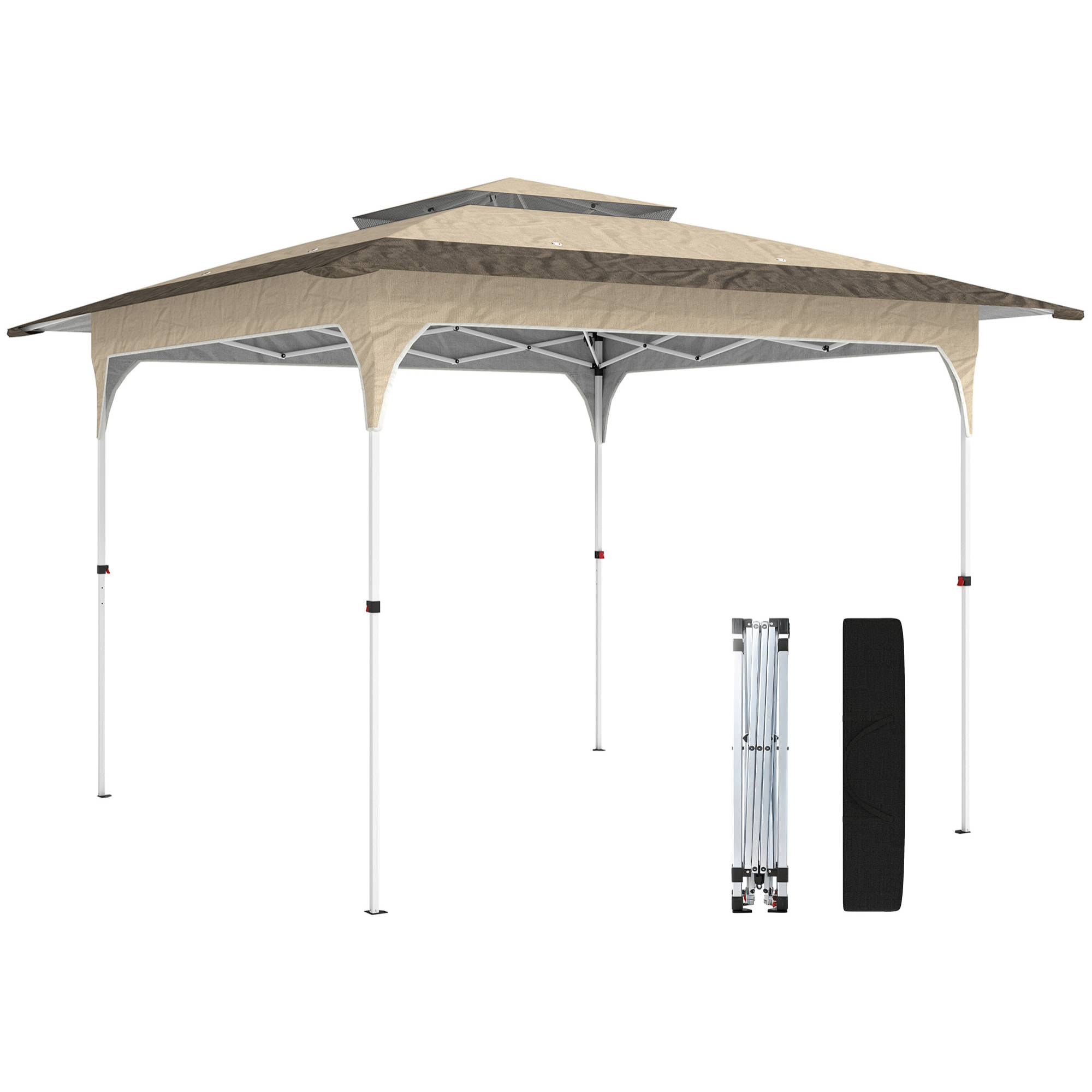 Carpa Plegable 3,5x3,5 m, Pop-up, Cenador Pabellón de Jardín con Doble Techo, Cierre Central, UPF50+, Altura Ajustable de 3 Niveles y Bolsa de Transporte, Gazebo para Fiestas, Exterior, Caqui