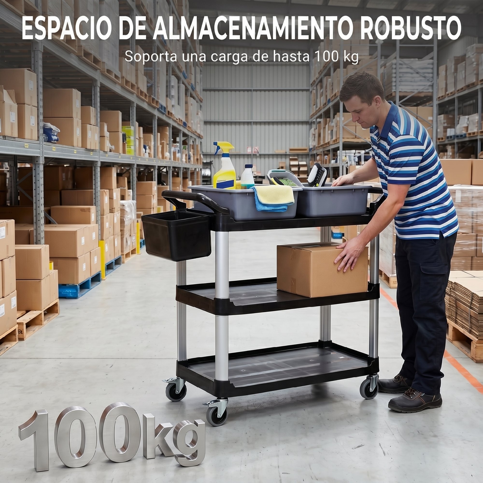 Carro de Limpieza con Ruedas, Carro de Servicio con 3 Estantes, 2 Contenedores y Cubo Lateral Colgante, Estructura de Aluminio, Carga 100 kg, 115x50x100 cm, Negro