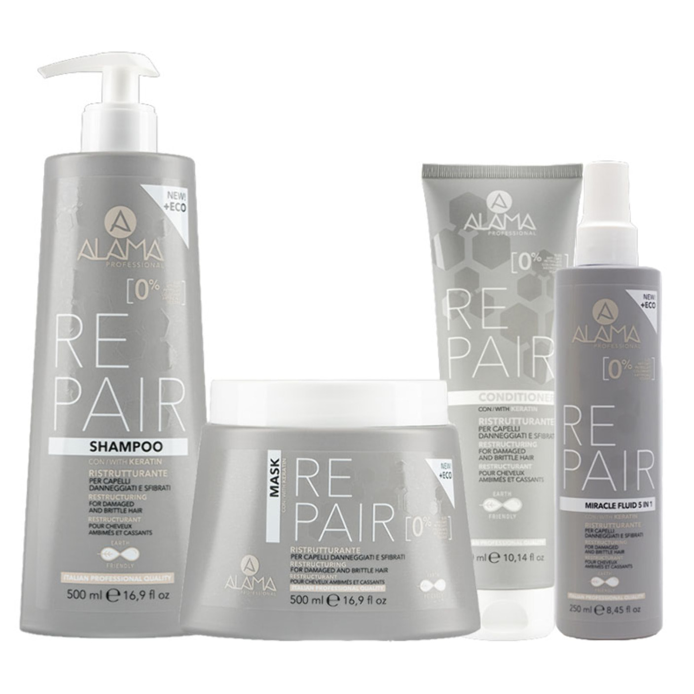 ALAMA Professional Kit Repair Shampoo 500ml + Mask 500ml + Conditioner 300ml + Fluid 250ml