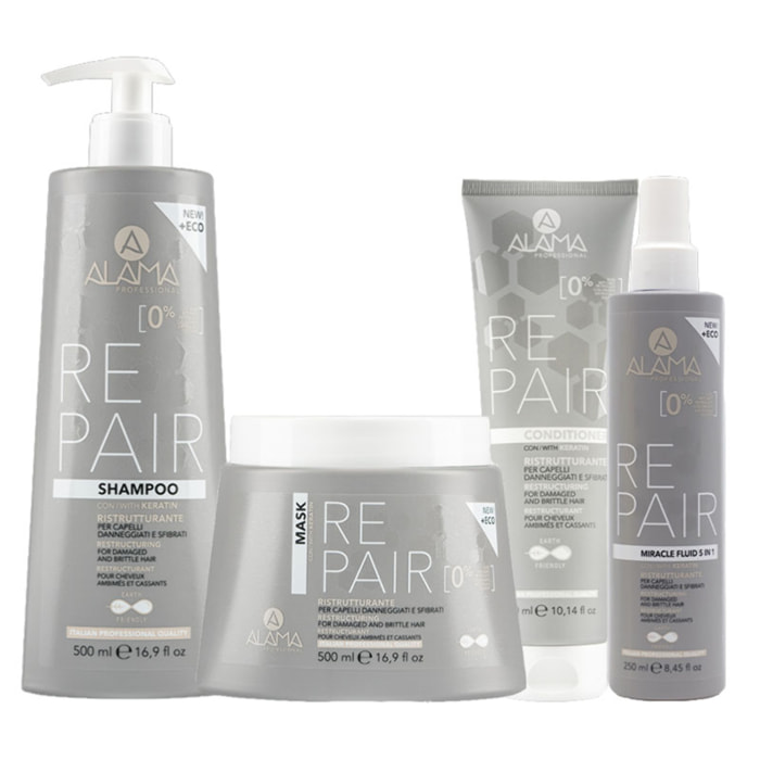 ALAMA Professional Kit Repair Shampoo 500ml + Mask 500ml + Conditioner 300ml + Fluid 250ml