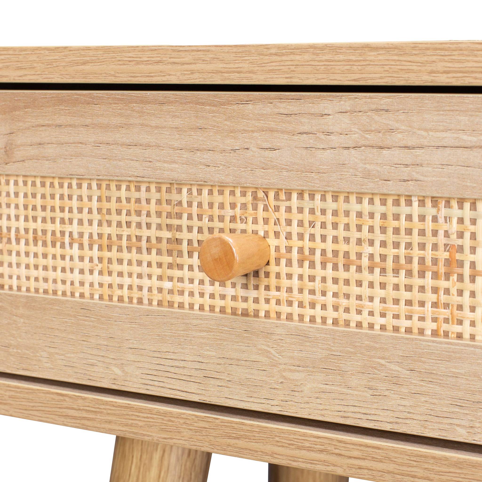 Coiffeuse Bohème avec miroir arrondi et 2 tiroirs cannage. coloris naturel. style Scandinave. L 90 x P 35 x H 135.5 cm