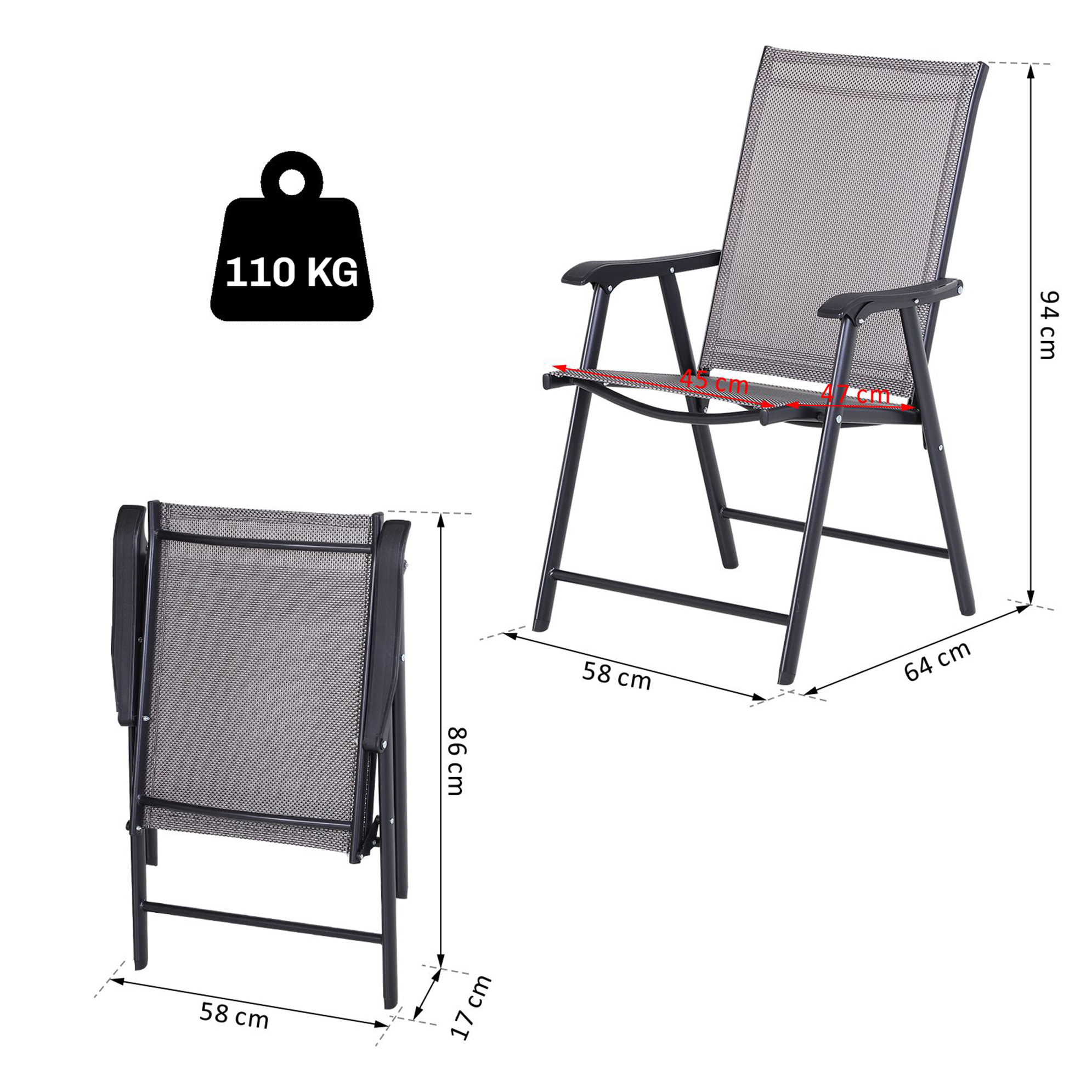 Conjunto de 2 Sillas Plegables para Exterior Con Reposabrazos Sillas para Balcones Jardín Terraza Metal Texteline Carga 110kg 58x64x94 cm Gris