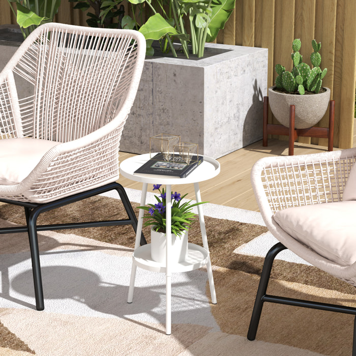 Mesa de Jardín Redonda de 2 Niveles Mesa de Terraza Exterior Ø32x51 cm con Bandeja Inferior y Estructura de Metal para Exterior e Interior Blanco