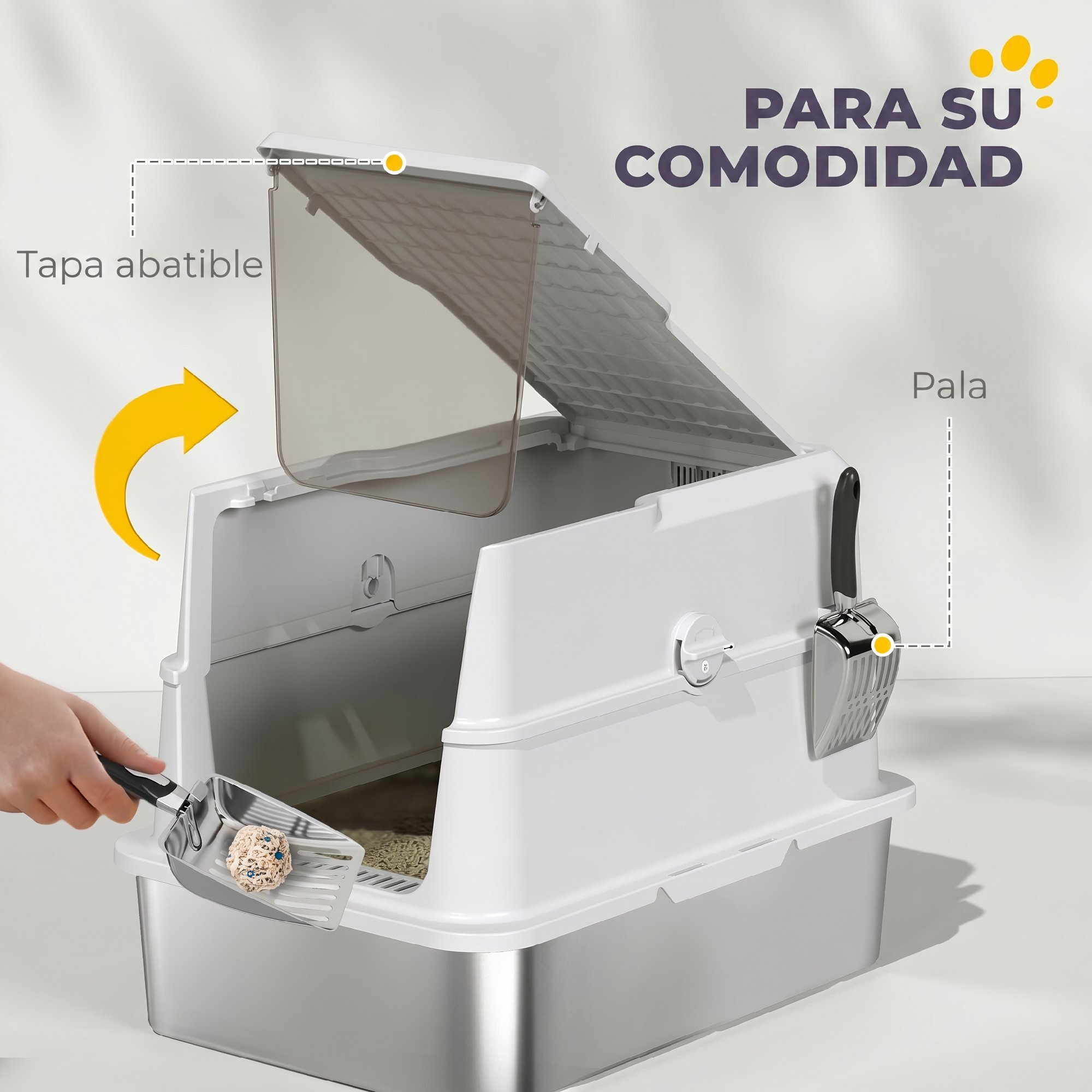 PawHut Arenero para Gatos de Acero Inoxidable XL, Caja de Arena Cerrada para Gatos Grandes, Arenero Extragrande con Tapa Abatible, Borde Alto, Pala Metálica, Fácil Limpiar, Antifugas, Gris Claro