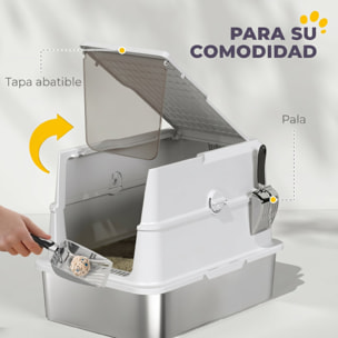 PawHut Arenero para Gatos de Acero Inoxidable XL, Caja de Arena Cerrada para Gatos Grandes, Arenero Extragrande con Tapa Abatible, Borde Alto, Pala Metálica, Fácil Limpiar, Antifugas, Gris Claro