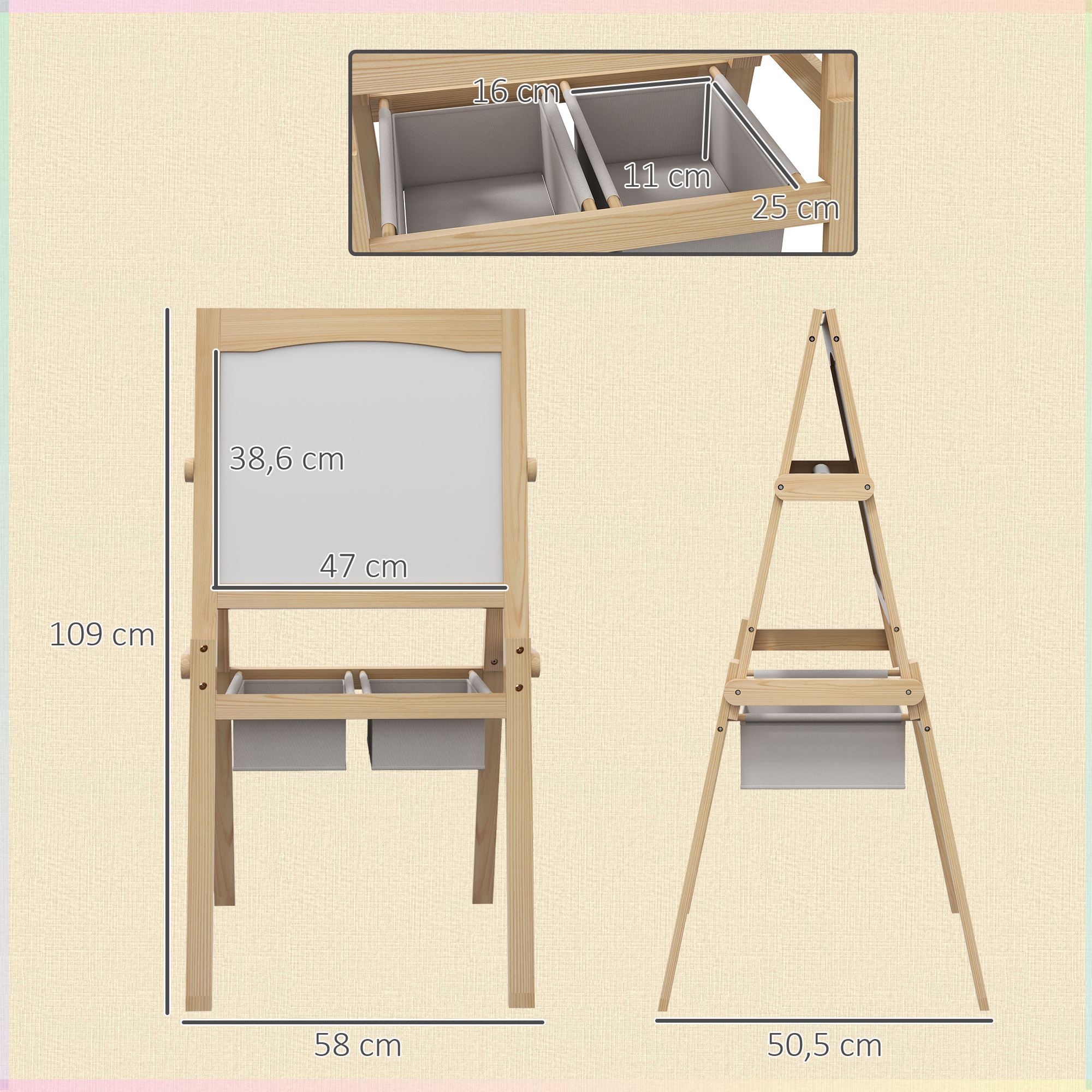 Tableau enfant - chevalet enfant - ardoise double face - tableau blanc tableau à craie - rouleau papier, 2 paniers rangement - MDF pin