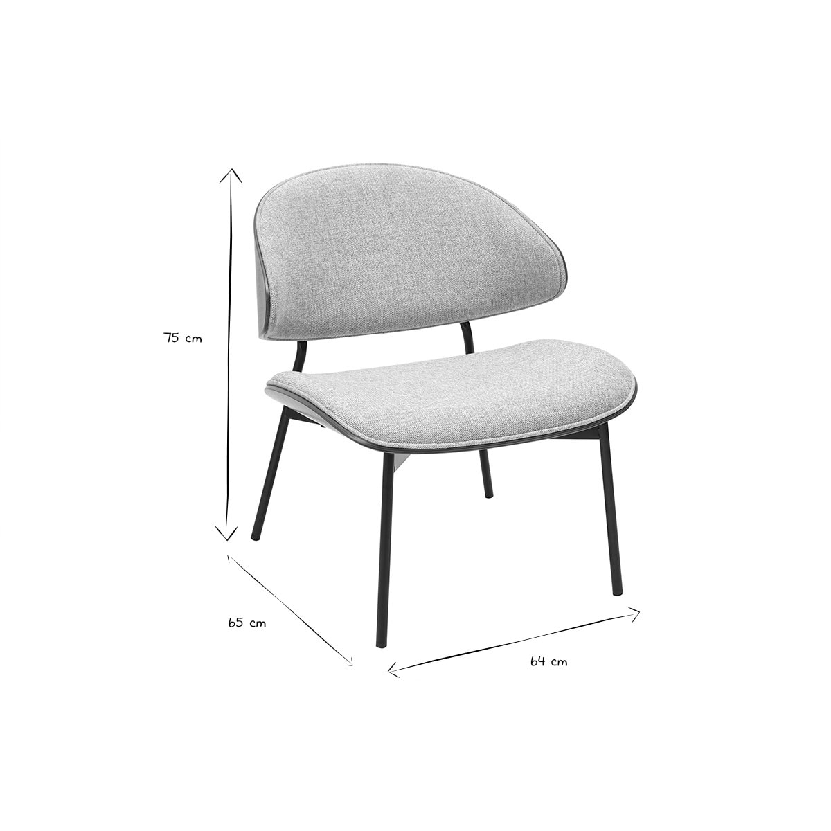 Fauteuil en tissu effet velours texturé gris, bois foncé et métal noir FABULO